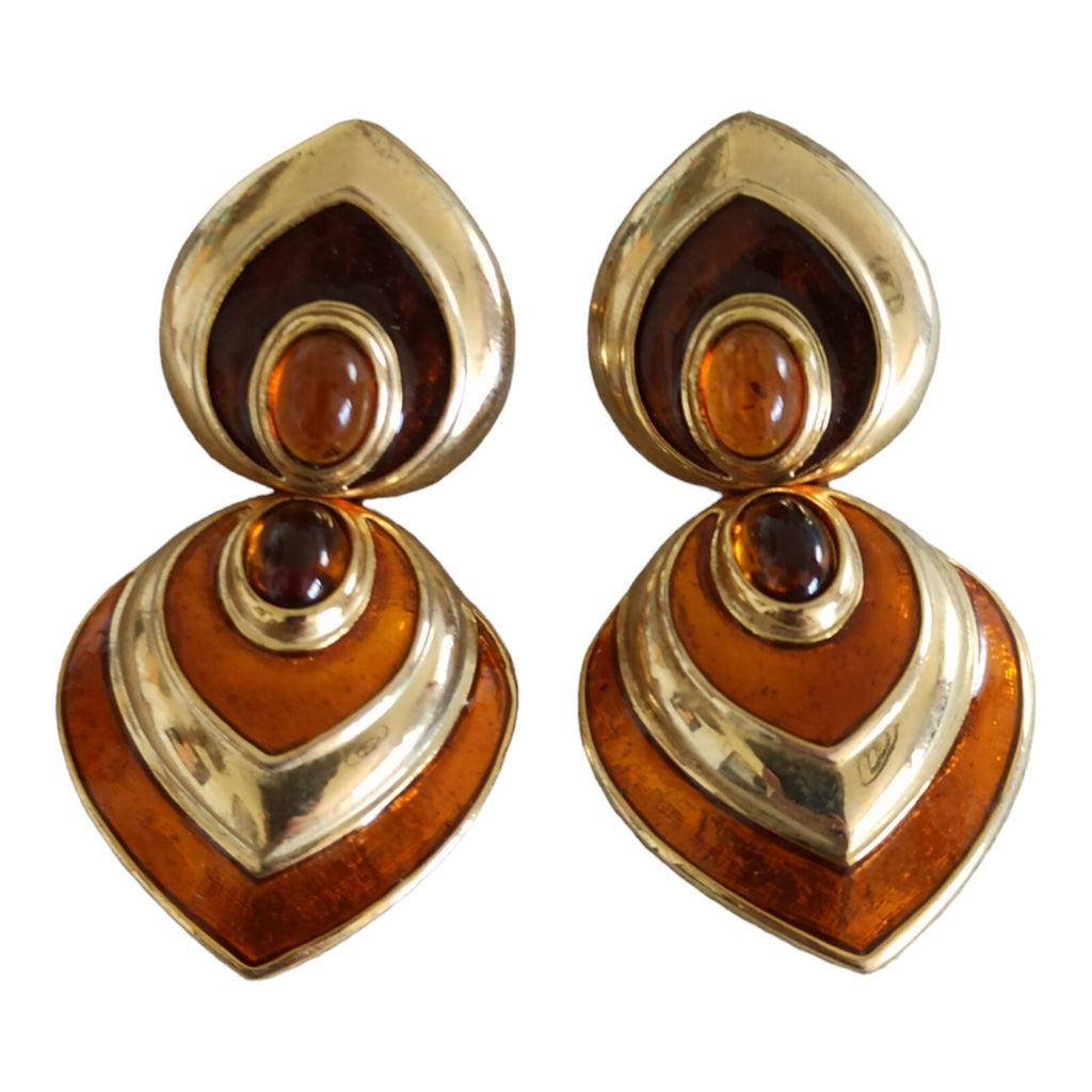 Boucles d’oreilles vintage dorées, style 70s, résine ambrée, clip fantaisie