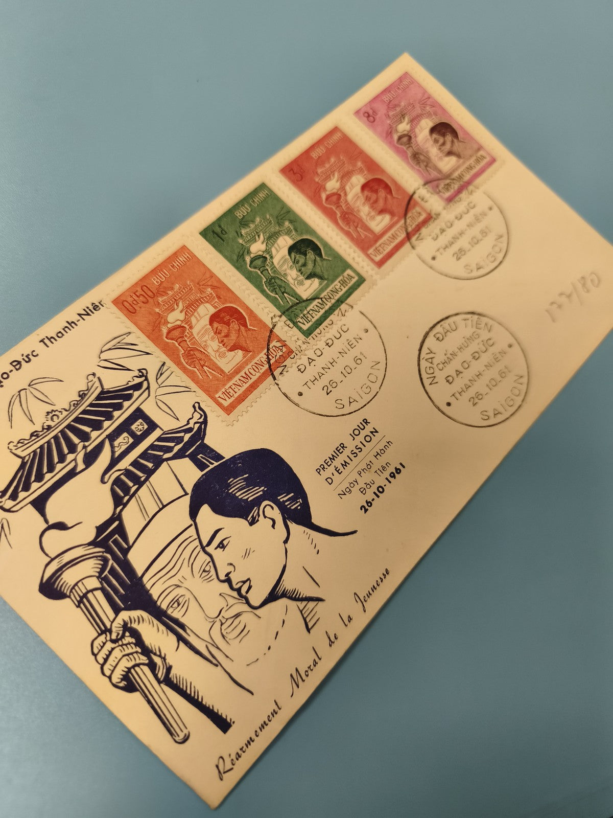 Ancienne enveloppe FDC Vietnam 1961, timbres illustrés, premier jour Saigon
