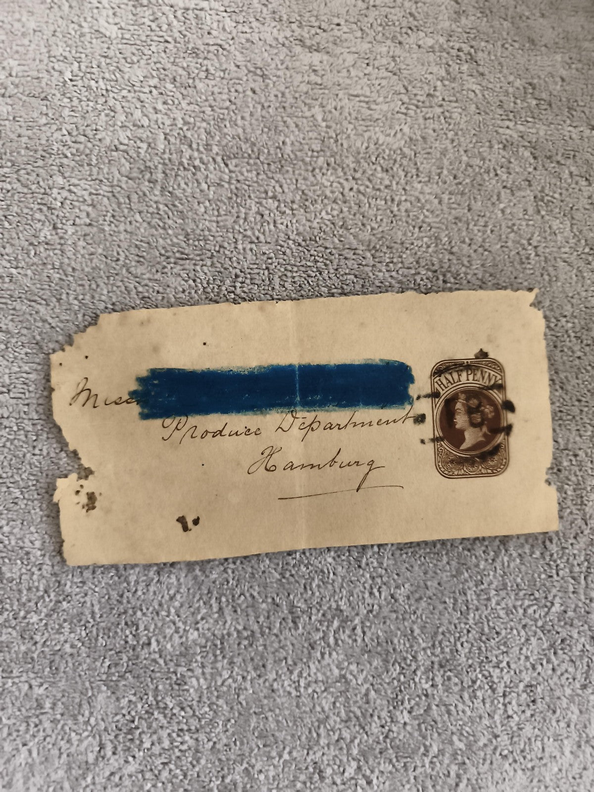 Fragment enveloppe timbrée Half Penny Royaume-Uni écriture manuscrite philatélie
