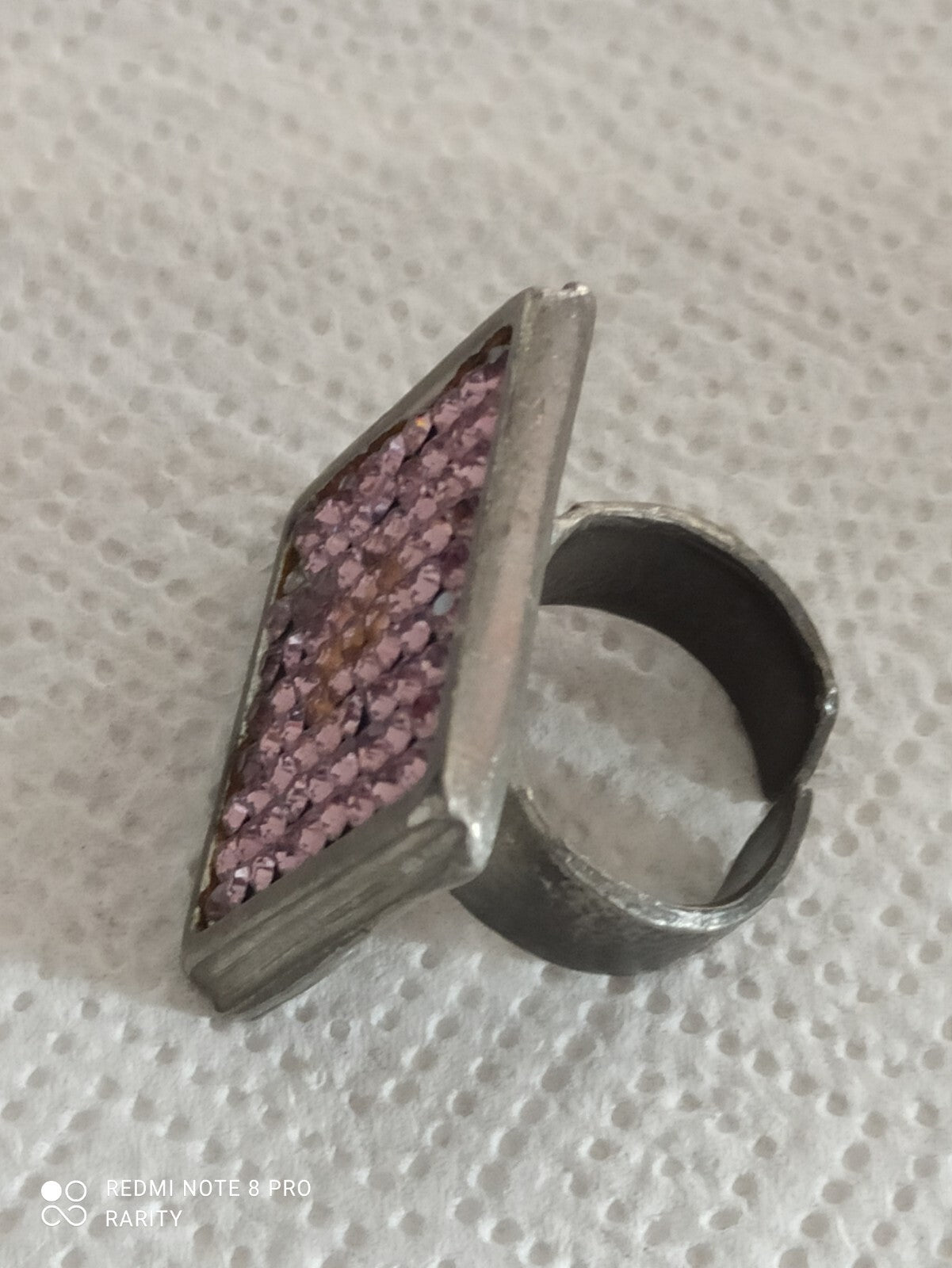 Bague vintage Rigaux France carré cristaux roses, taille 57, rétro années 70