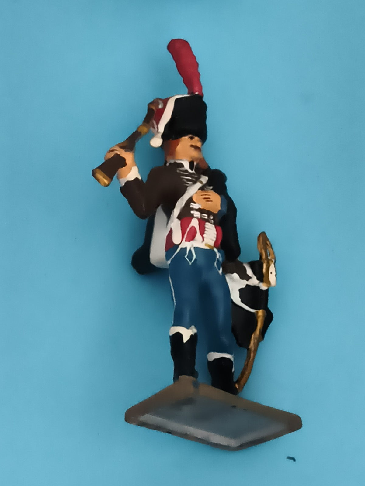 Figurine plomb soldat Empire ancien, uniforme bleu, plume rouge, vintage armée