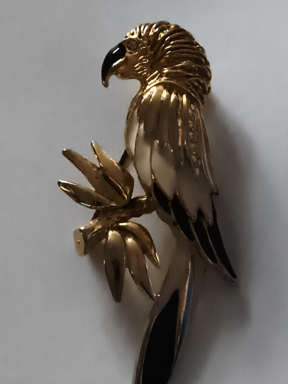 Broche vintage perroquet doré noir, bijou fantaisie oiseau, épingle rétro
