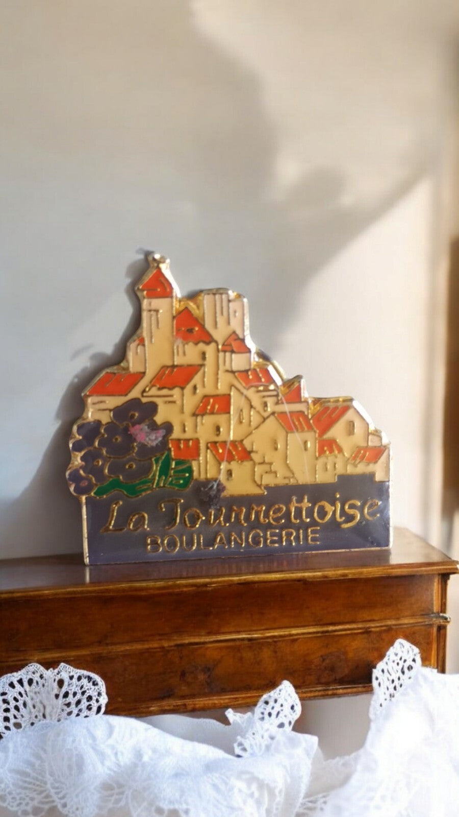 Vintage "La Journettoise" Bakery enamel pin, retro, village decor, badge