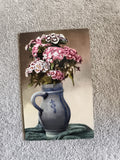 Carte postale fleurs œillets vase bleu décor photo CPA