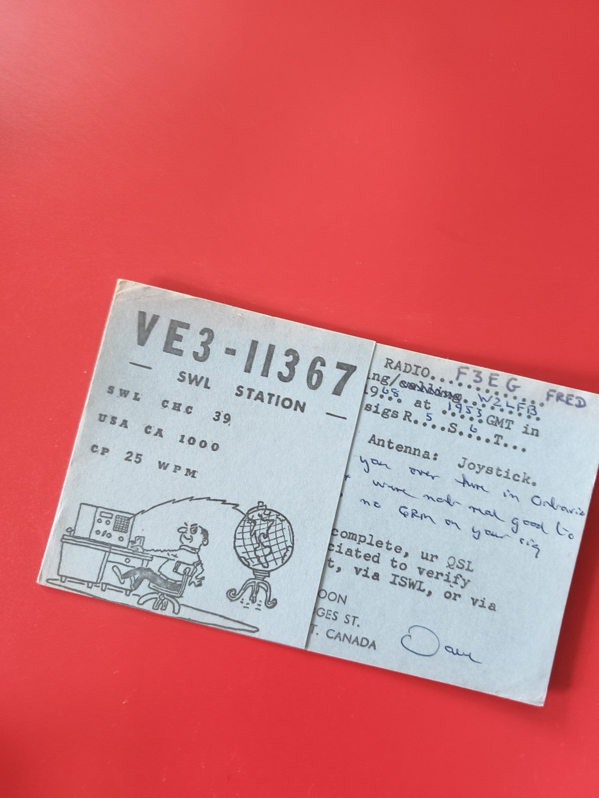 Carte radio SWL VE3-II367 QSL Canada, illustration opérateur, bleu