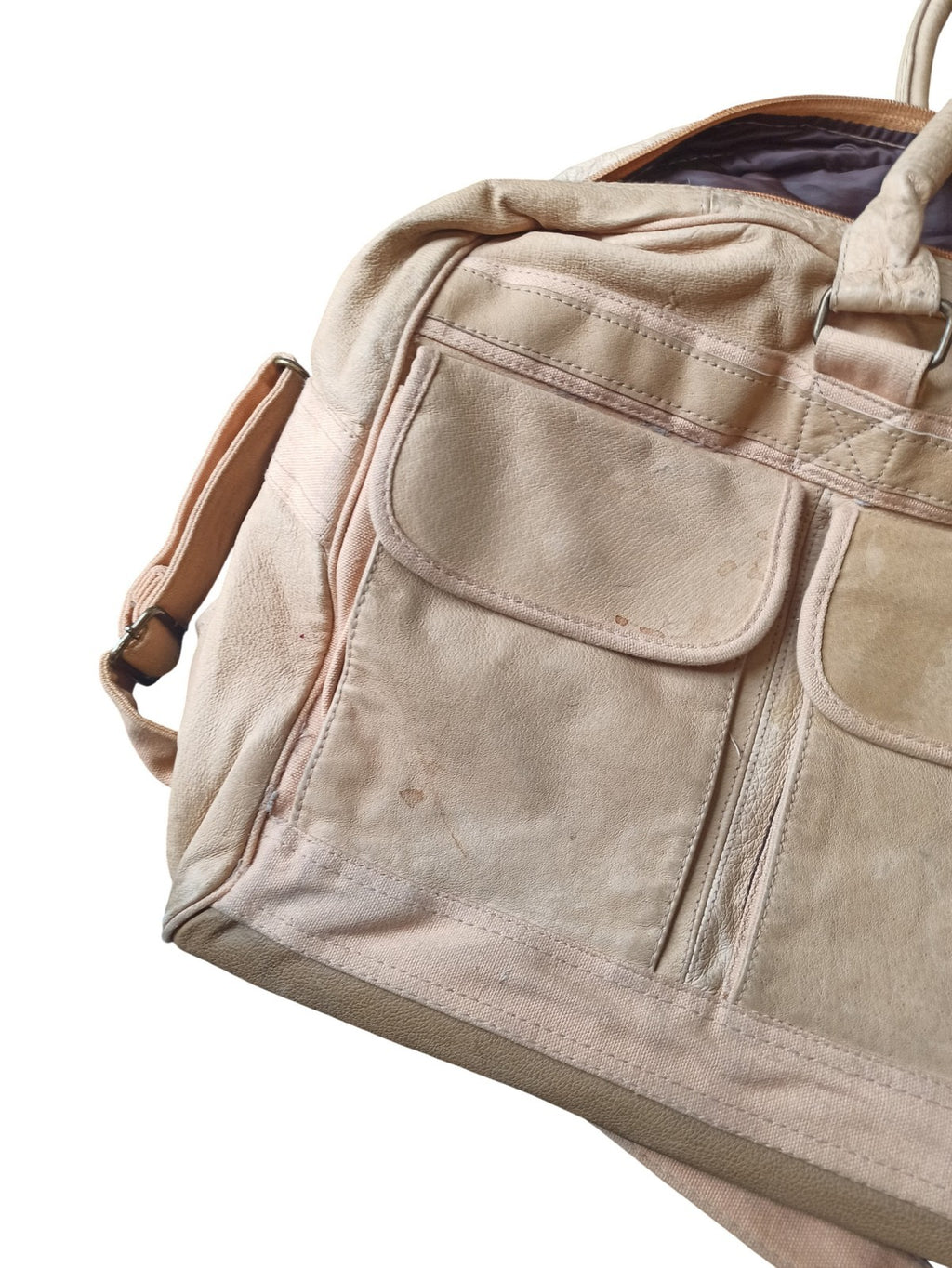 Sac de voyage vintage cuir beige ancien, grand format, multi-poches