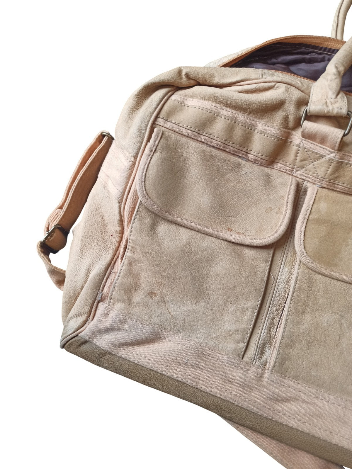 Sac de voyage vintage cuir beige ancien, grand format, multi-poches