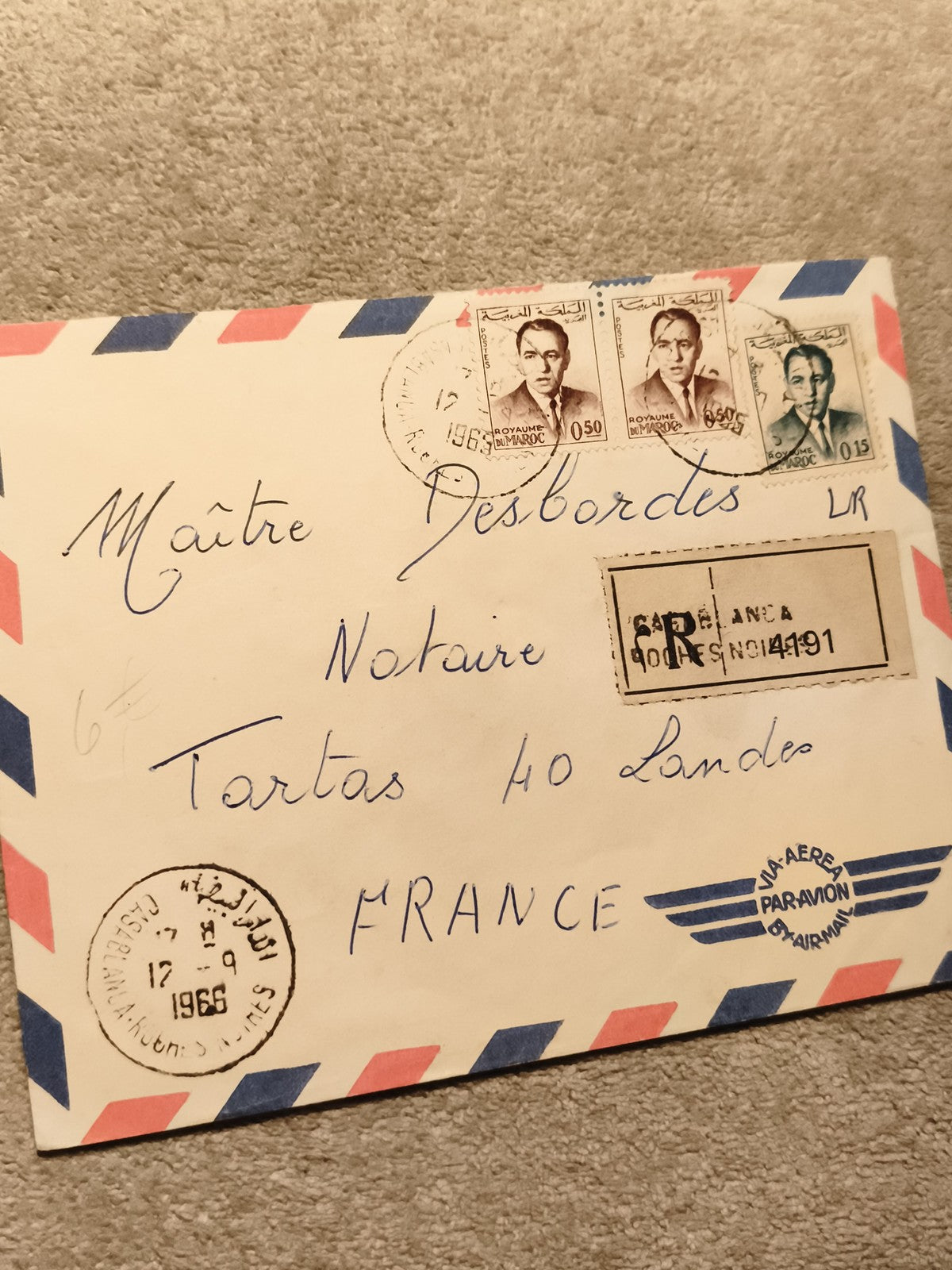 Lettre avion Maroc 1966 affranchissement timbres, cachets Casablanca France