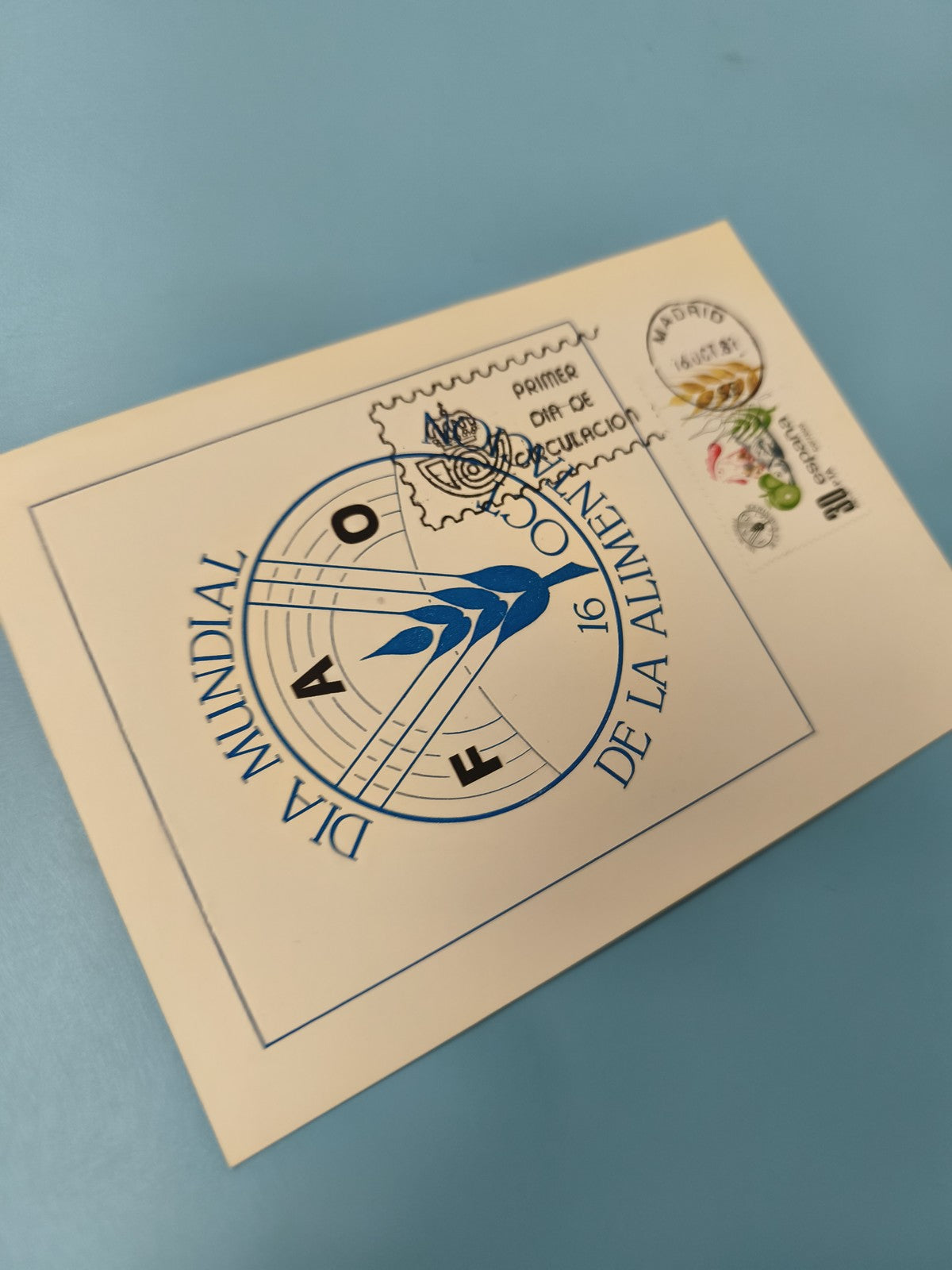 Enveloppe premier jour d?émission FDC FAO timbre Madrid 1981 motif bleu