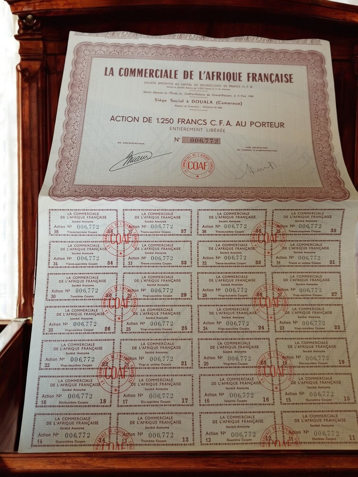 Action au porteur La Commerciale Afrique Française ancien titre papier vintage
