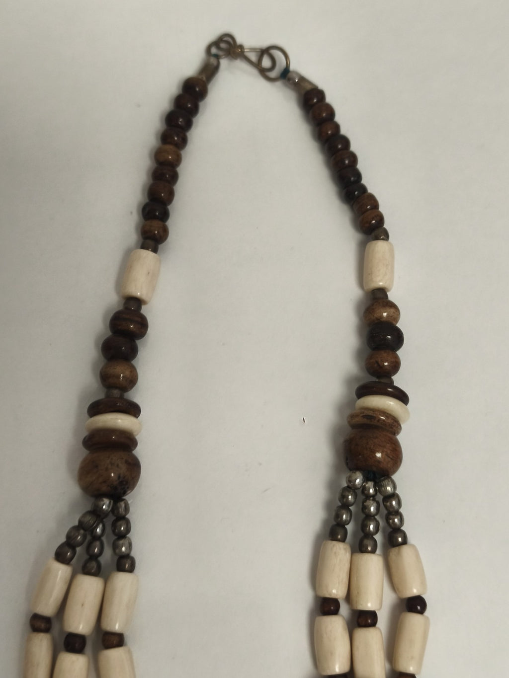 Collier ancien multi-rangs perles os et marron, ethnique vintage, gros maillons