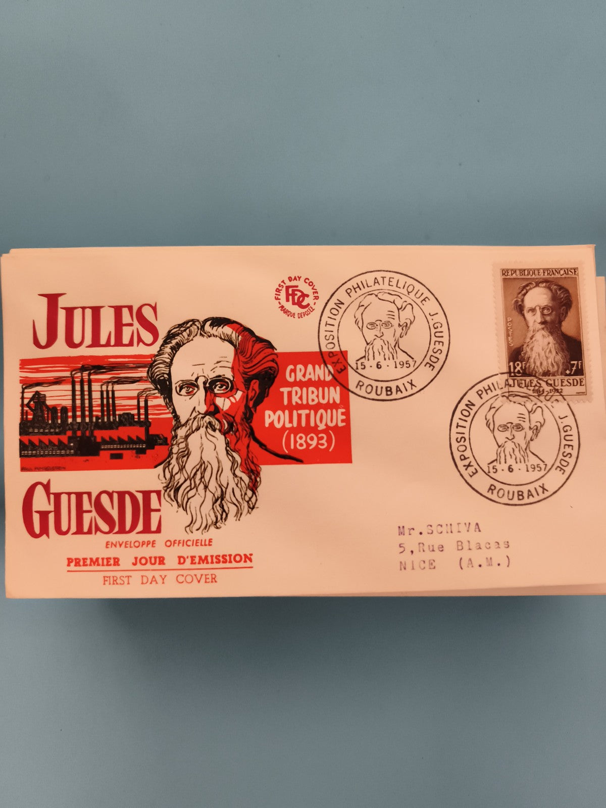 Enveloppe Premier Jour Jules Guesde 1957 FDC Exposition Philatélie Roubaix
