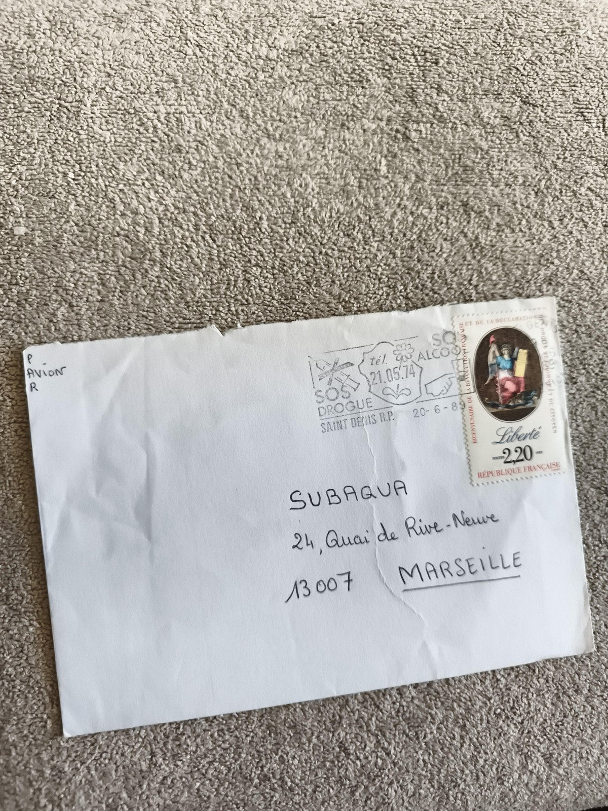 Lettre affranchie France 2,20 Liberté 1980s cachet SOS alcool Marseille philatél