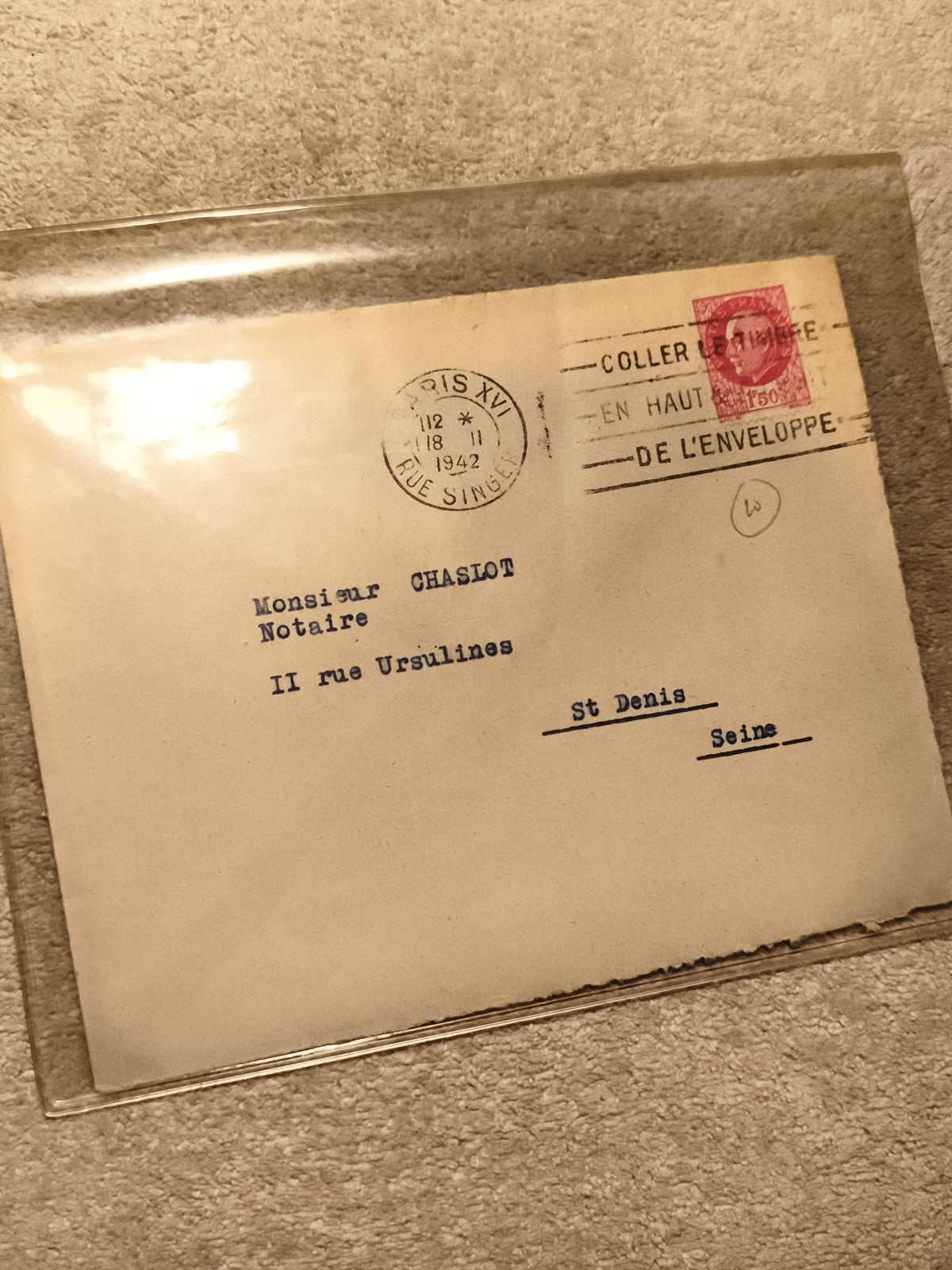 Lettre oblitérée 1942 Paris XVI timbre 1,50F notaire St Denis philatélie (Ref 10