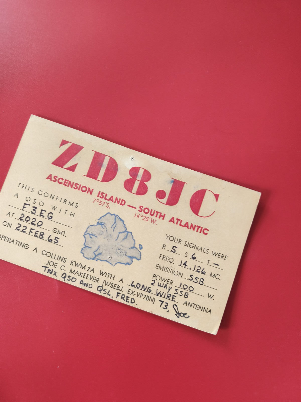 Carte radio QSL ZD8JC Ascension Island, impression rouge, d'occasion