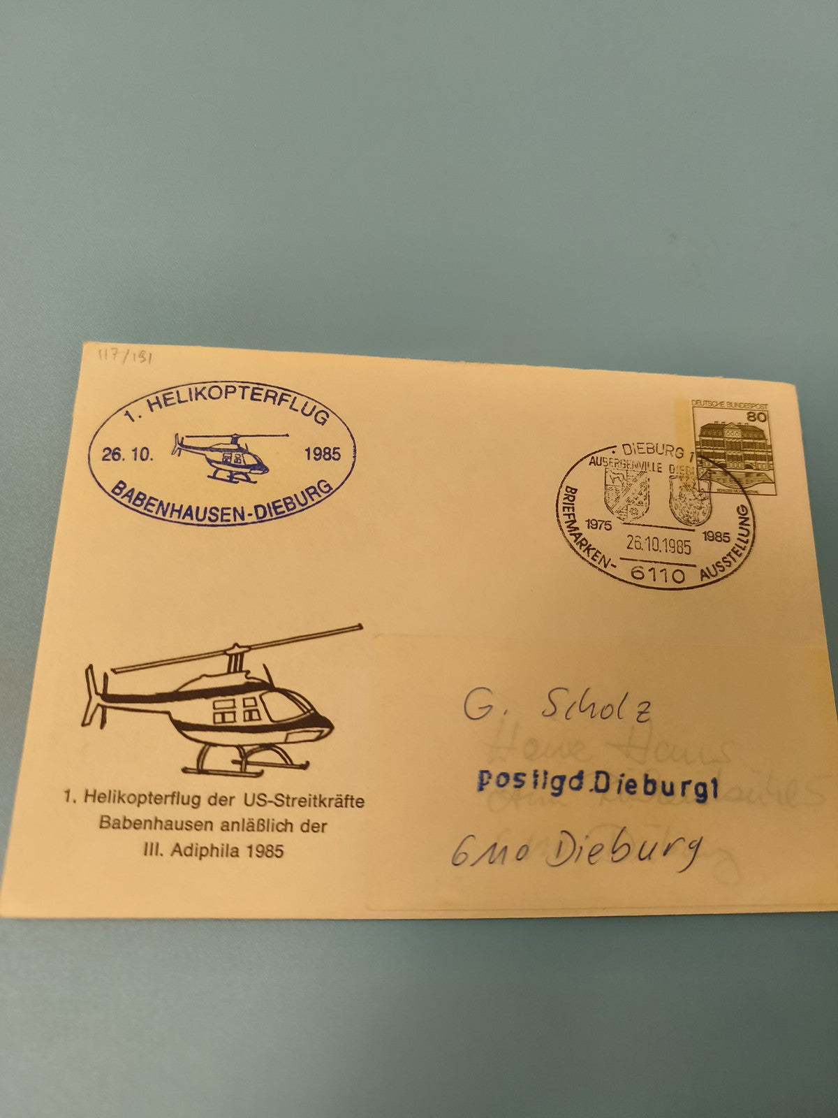 Ancienne enveloppe philatélie 1985 Hélicoptère Babenhausen Dieburg cachet