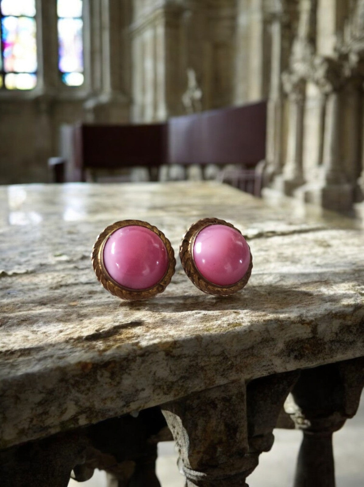 Boucles d’oreilles vintage rondes rose années 60, clip fantaisie rétro