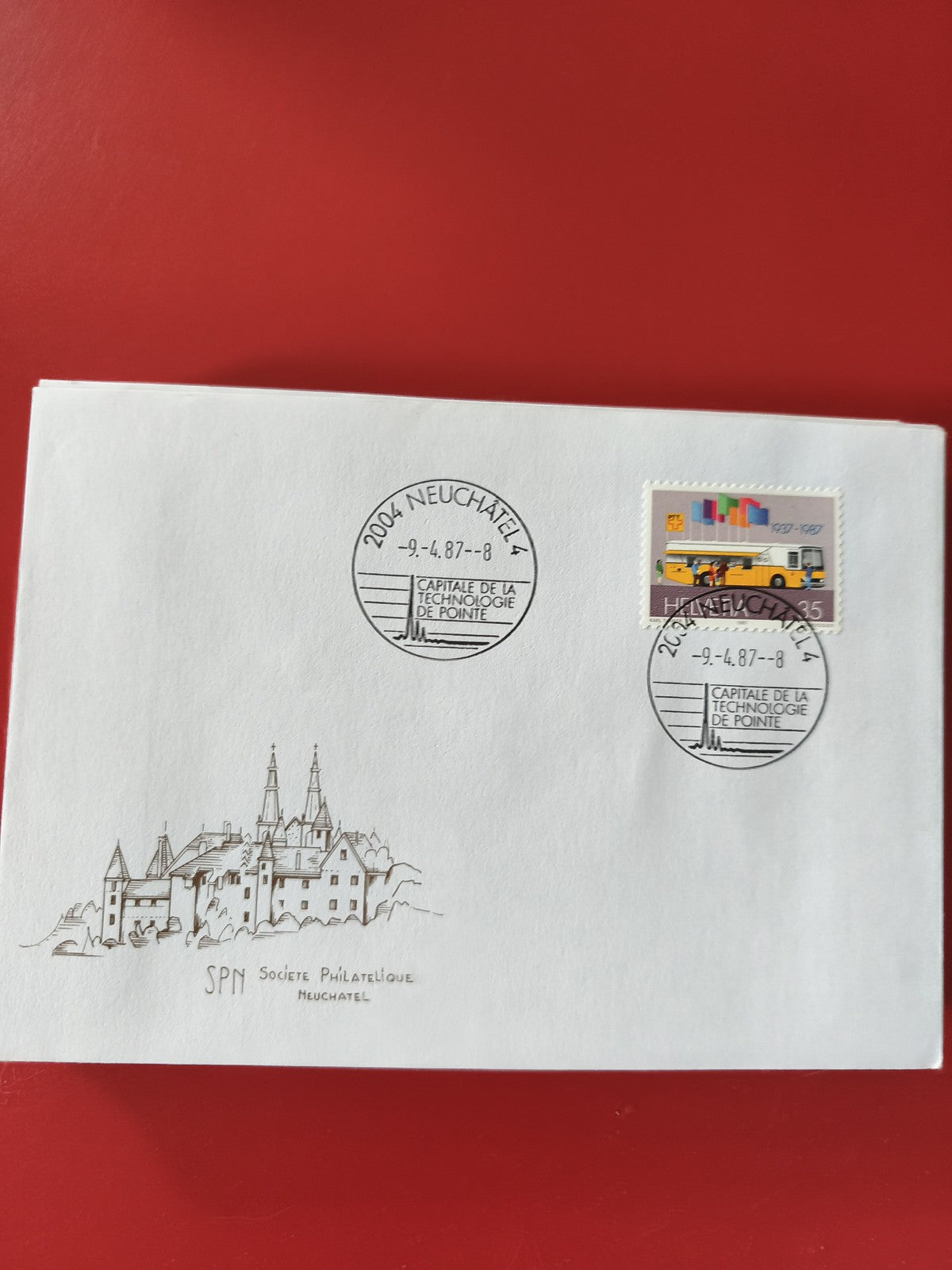 Enveloppe philatélie Neuchâtel SPM illustrée avec timbre et cachet 1987