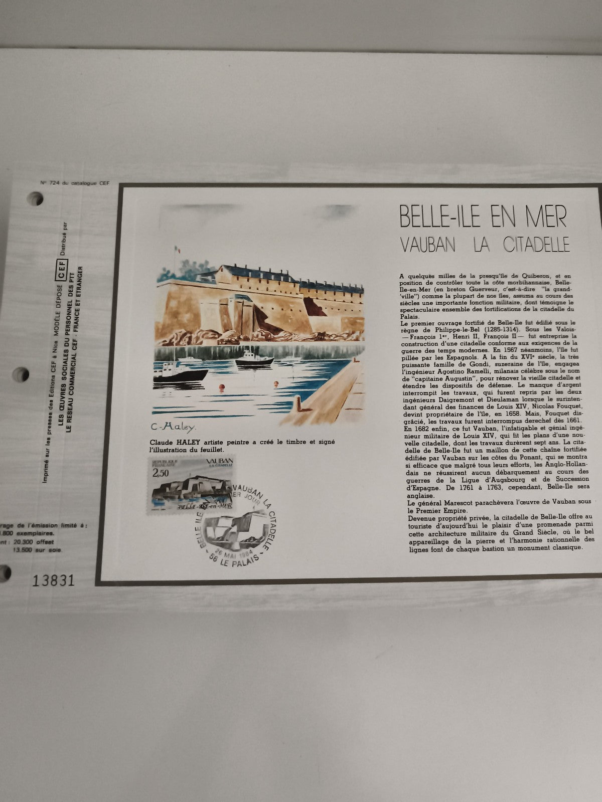 Feuillet CEF Belle-Île-en-Mer Vauban Citadelle timbre Claude Haley philatélie
