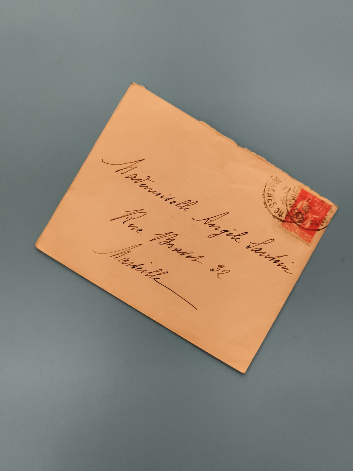 Lettre ancienne timbrée France 50c rouge manuscrite Marseille philatélie (Ref 3)