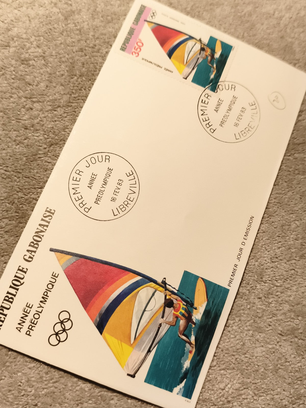 Lettre Premier Jour Gabon 1993 Année Préolympique planche à voile timbre 350F