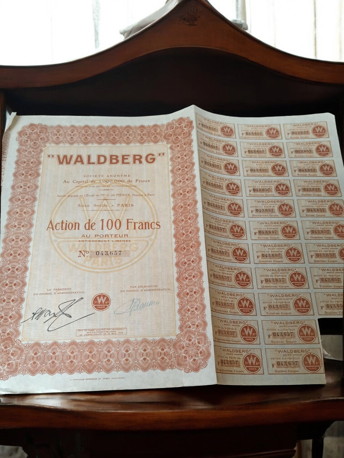 Action ancienne WALDBERG 100 Francs au porteur années 1920 vintage Paris