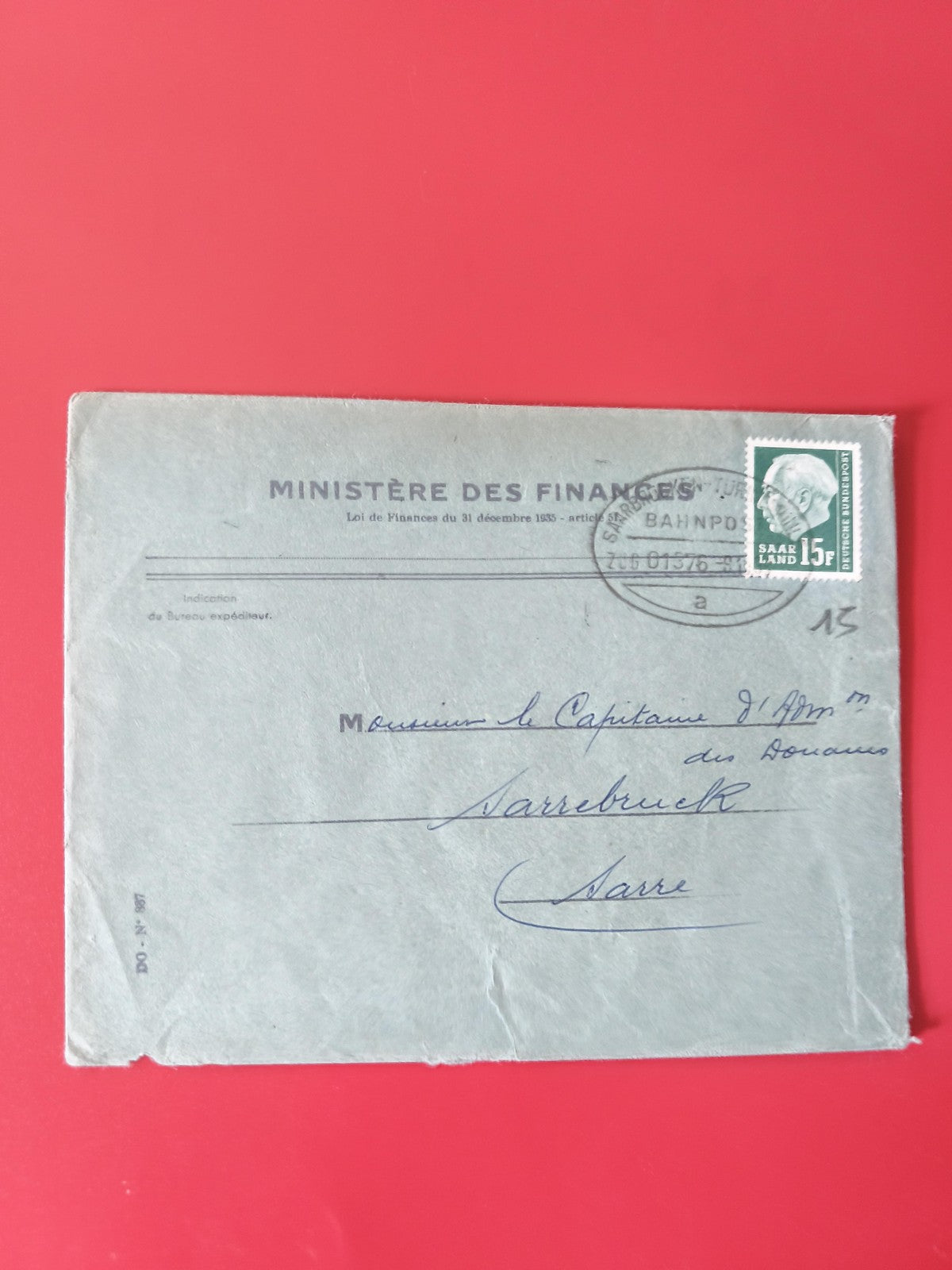 Enveloppe philatélie Ministère des Finances avec timbre Saarland 15F vert