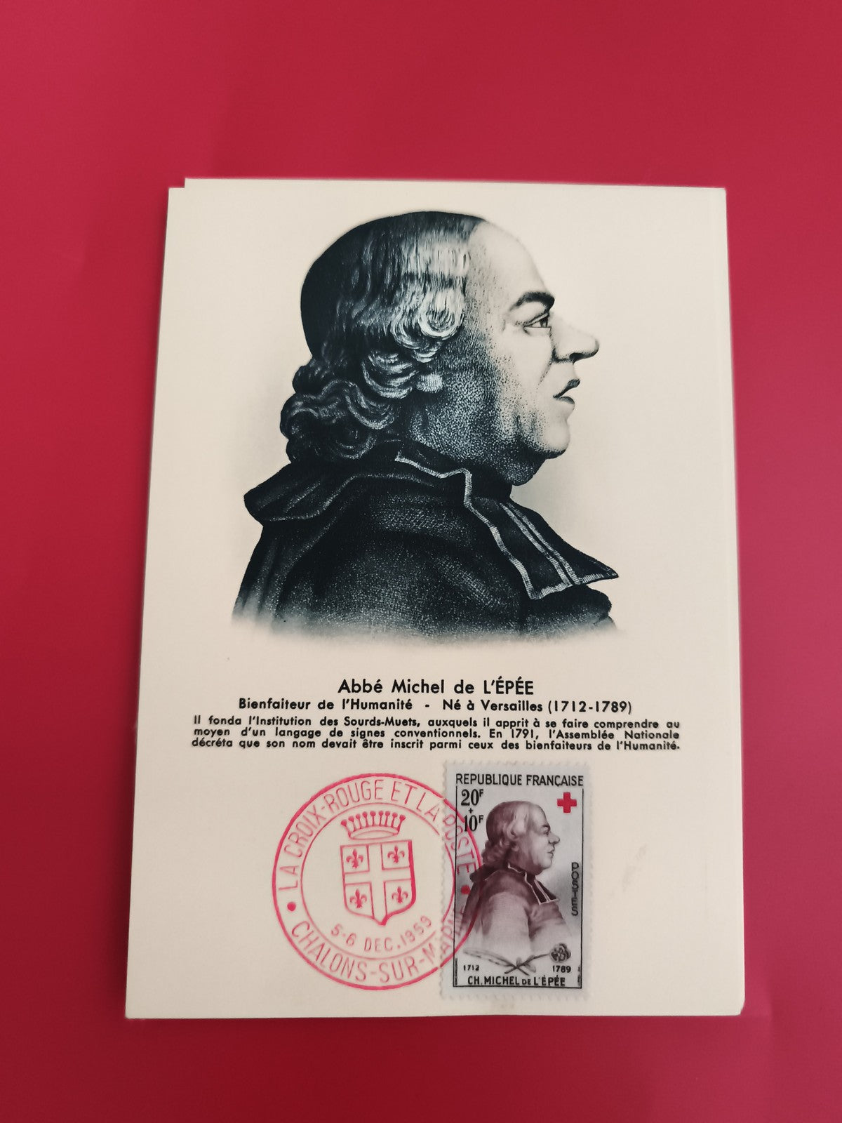 Carte maximum Abbé de l'Épée 1955 Croix-Rouge Châlons philatélie France (Ref 1)