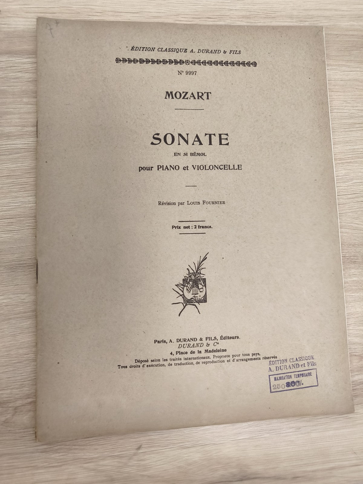Ancien livre partitions Mozart piano violoncelle Durand édition classique