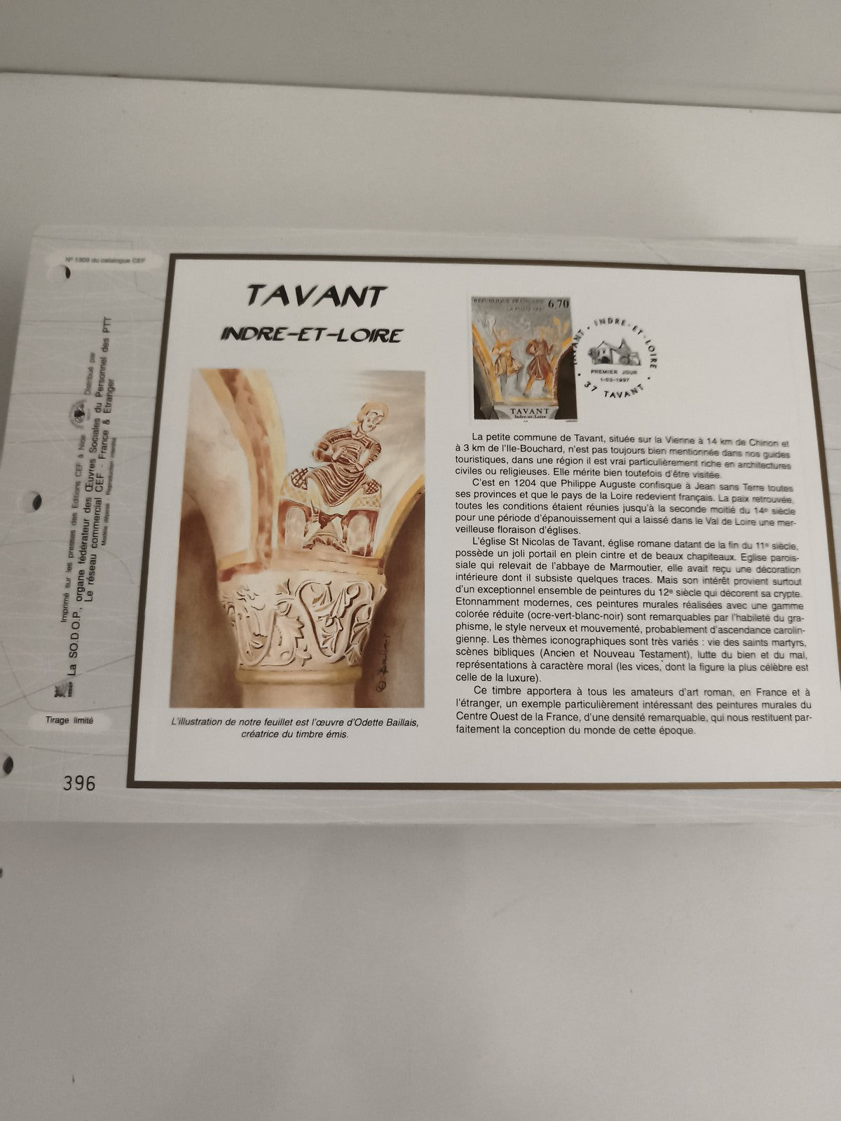 Feuillet CEF Tavant Indre-et-Loire philatélie tirage limité illustration Odette