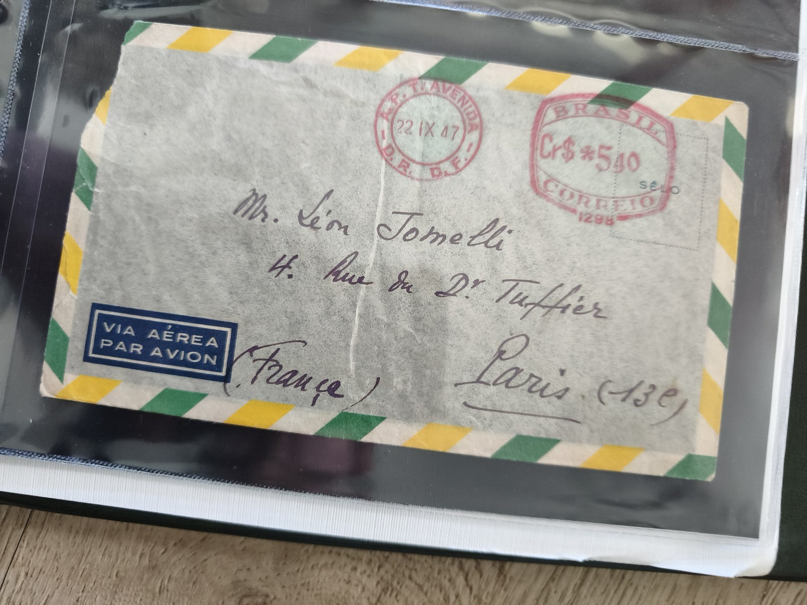 Ancienne enveloppe oblitérée Brésil 1947, avion, timbre rouge, Paris France