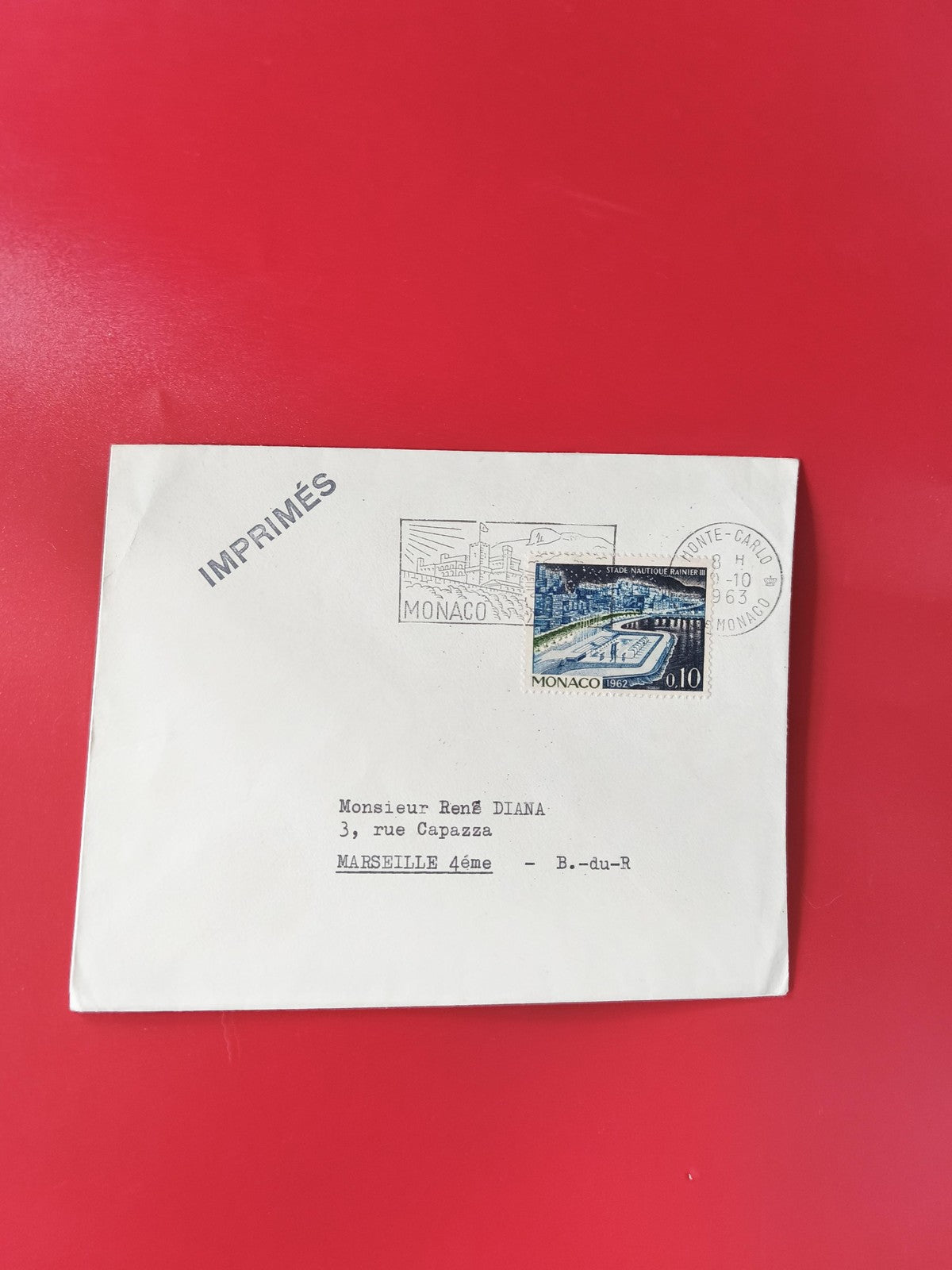 Enveloppe philatélie Monaco affranchie timbre Stade Nautique 1962 imprimés