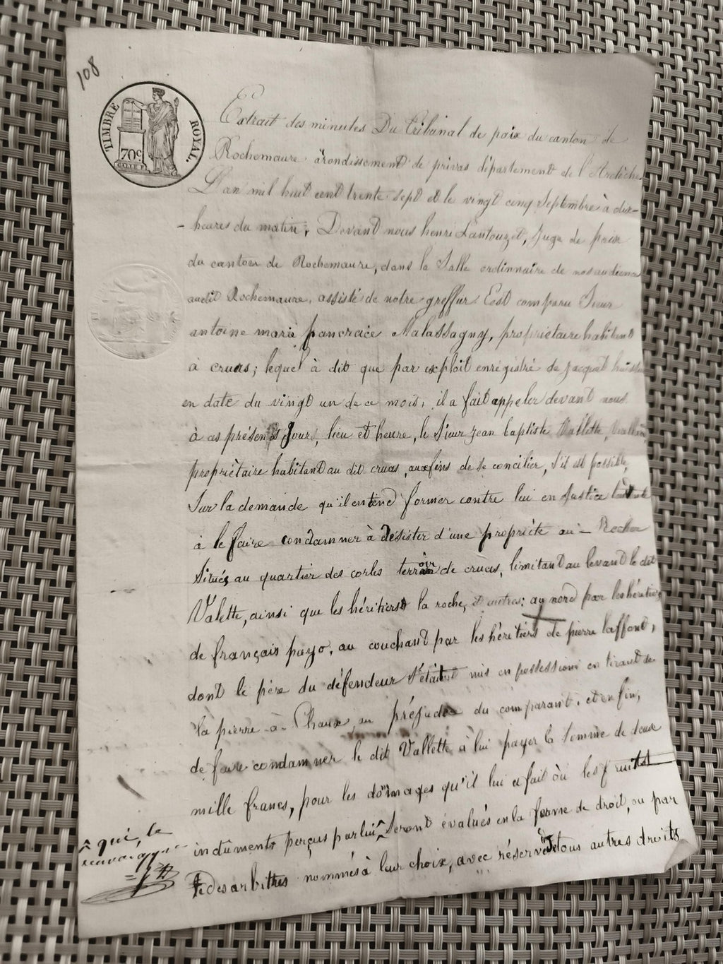 Ancien document manuscrit tribunal XIXe, extrait minutes, cachets France