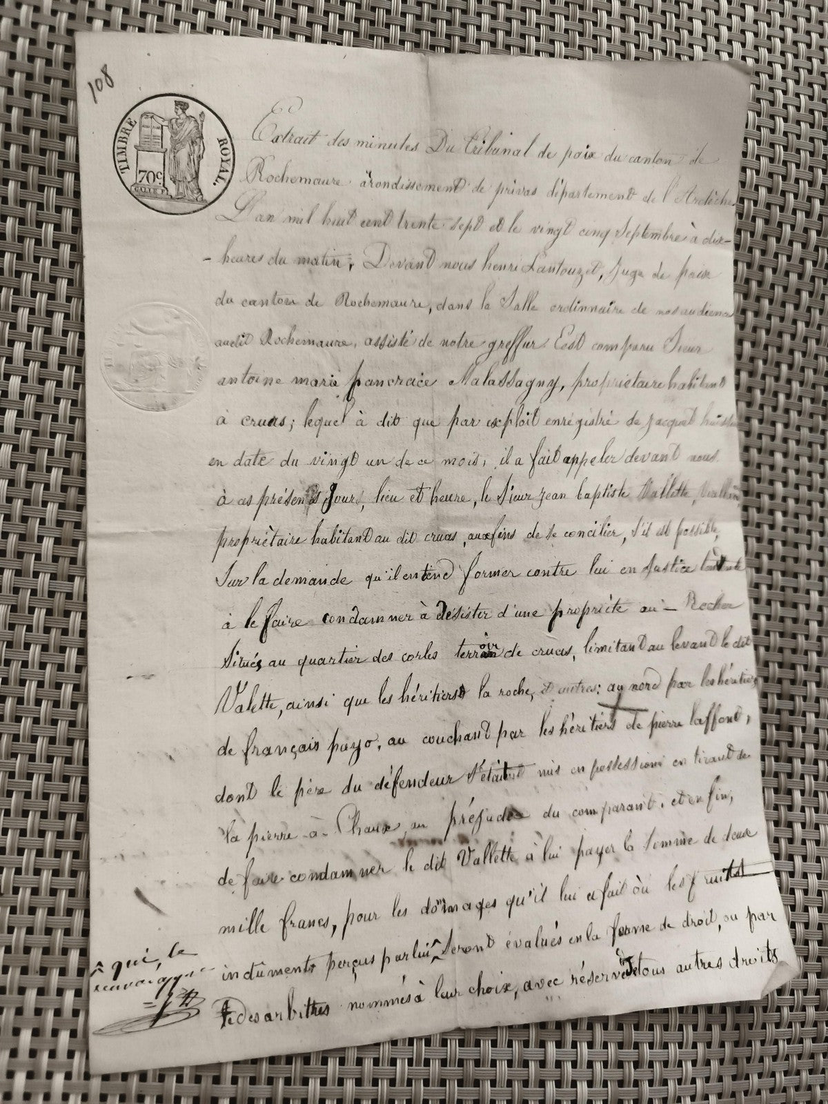 Ancien document manuscrit tribunal XIXe, extrait minutes, cachets France
