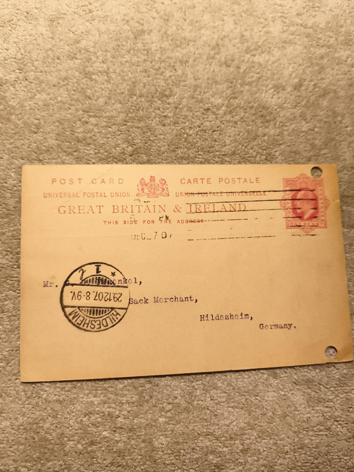 Carte postale GB Ireland UPU timbre 1d rouge oblitération Hildesheim philatélie