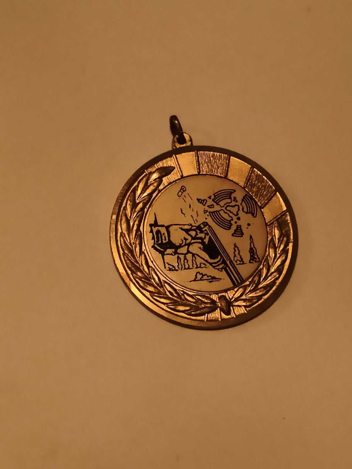 Médaille tir sportif finition dorée décor laurier cible pistolet