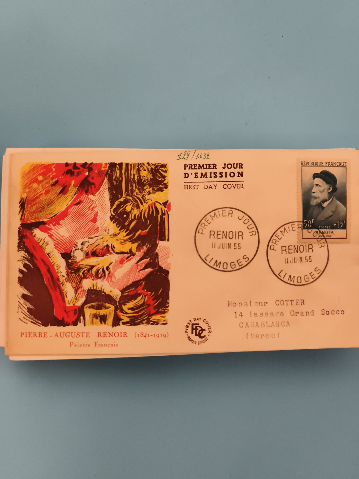 Lettre Premier Jour Renoir Limoges 1955 FDC timbre 15f République Française