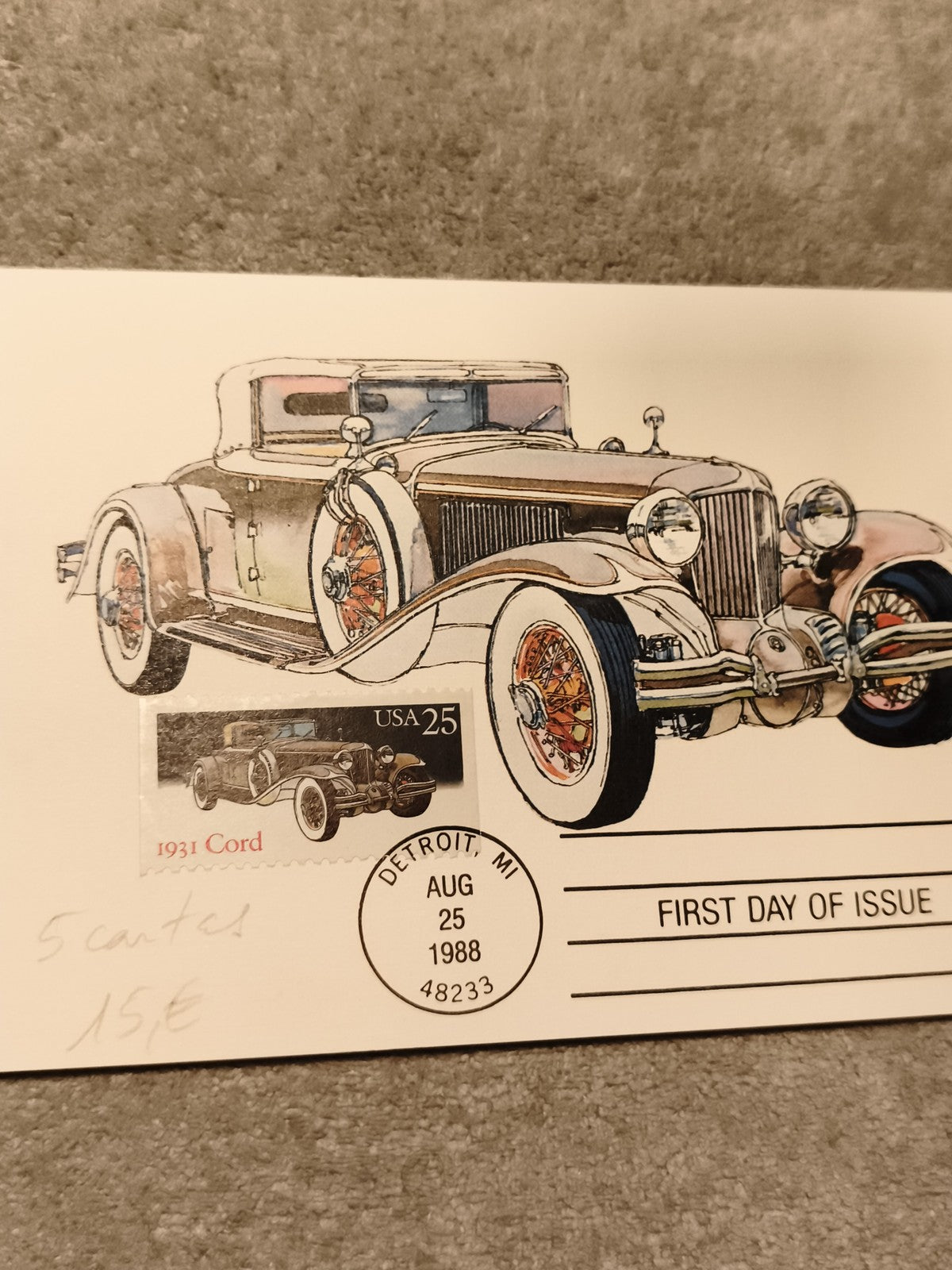 Carte premier jour 1988 Detroit 1931 Cord timbre USA 25c philatélie auto