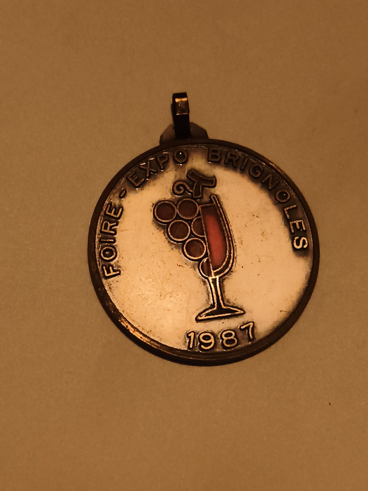 Médaille Foire Expo Brignoles 1987, rond, motif verre de vin, aspect métal