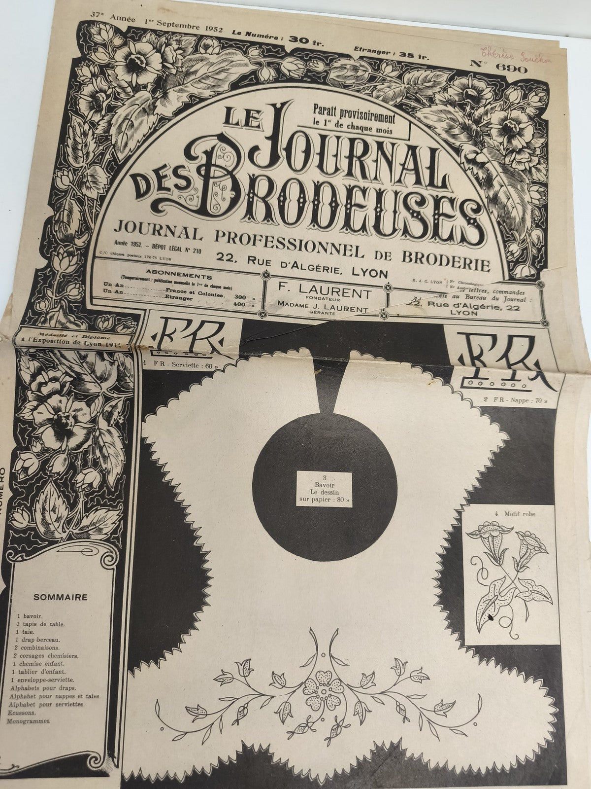 Ancien journal Le Journal des Brodeuses 1952 broderie Lyon vintage