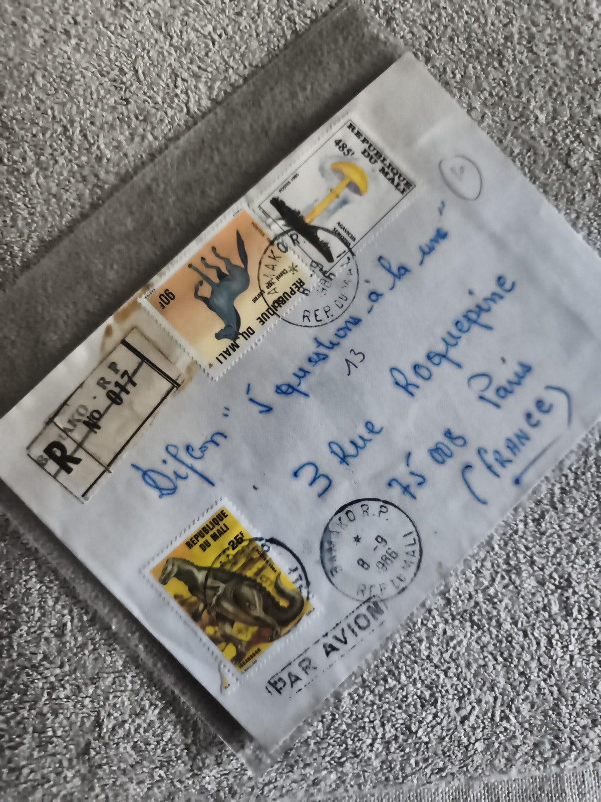 Lettre affranchie Mali 1986 timbres faune champignon, recommandé, oblitération B