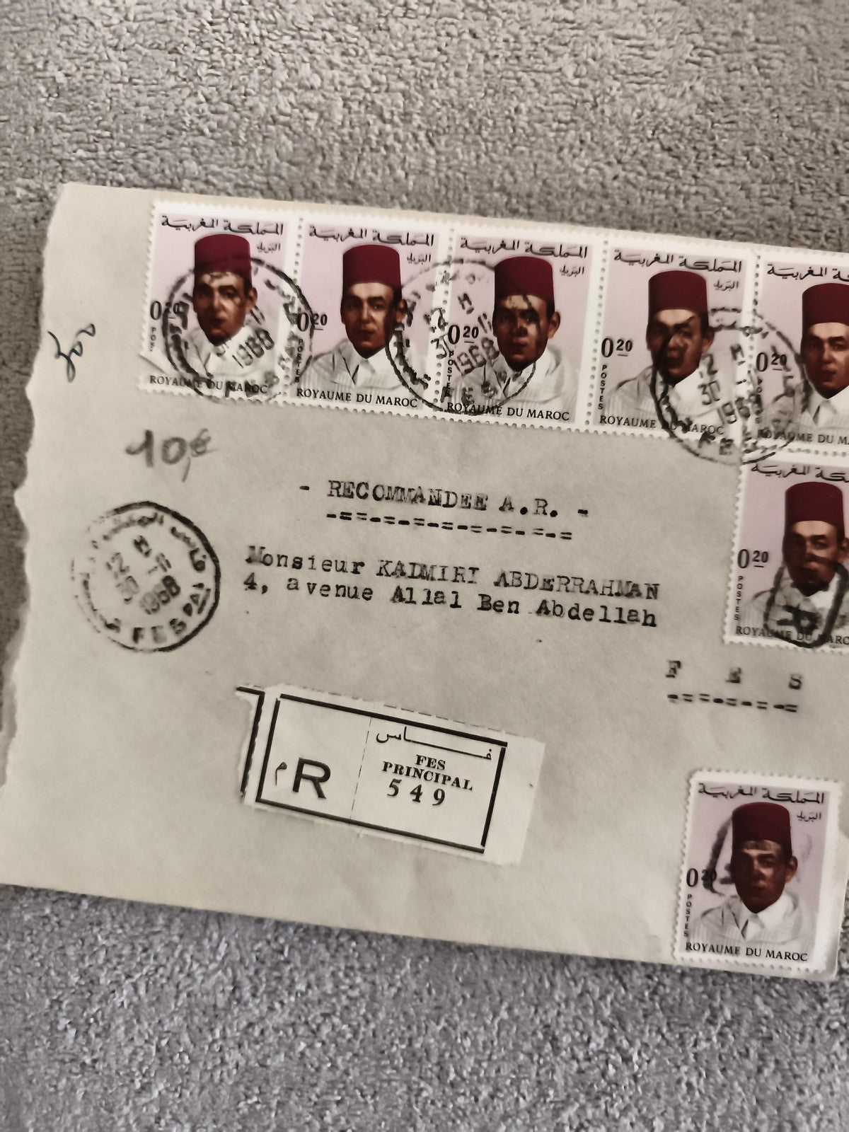 Lettre recommandée Maroc Fès timbres Roi Hassan II philatélie cachet 1958