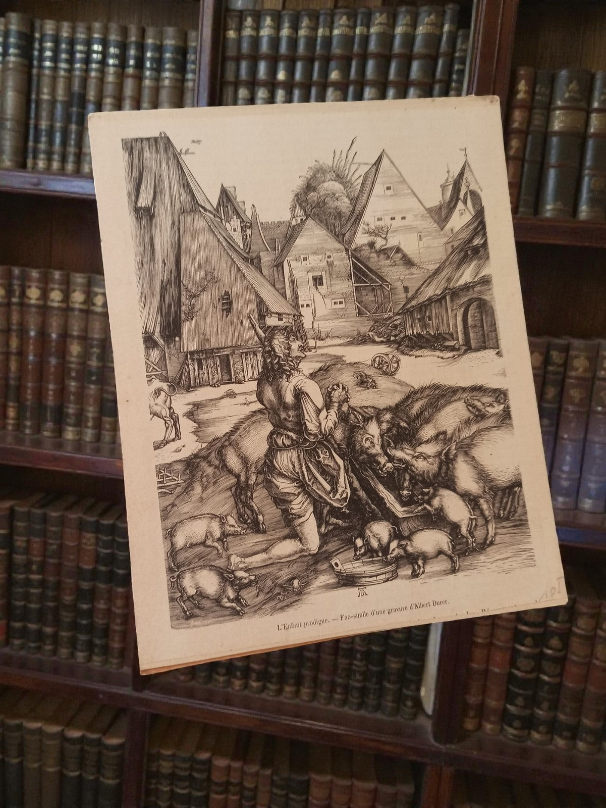 Gravure ancienne fac-similé Dürer L’Enfant prodigue art rétro vintage déco