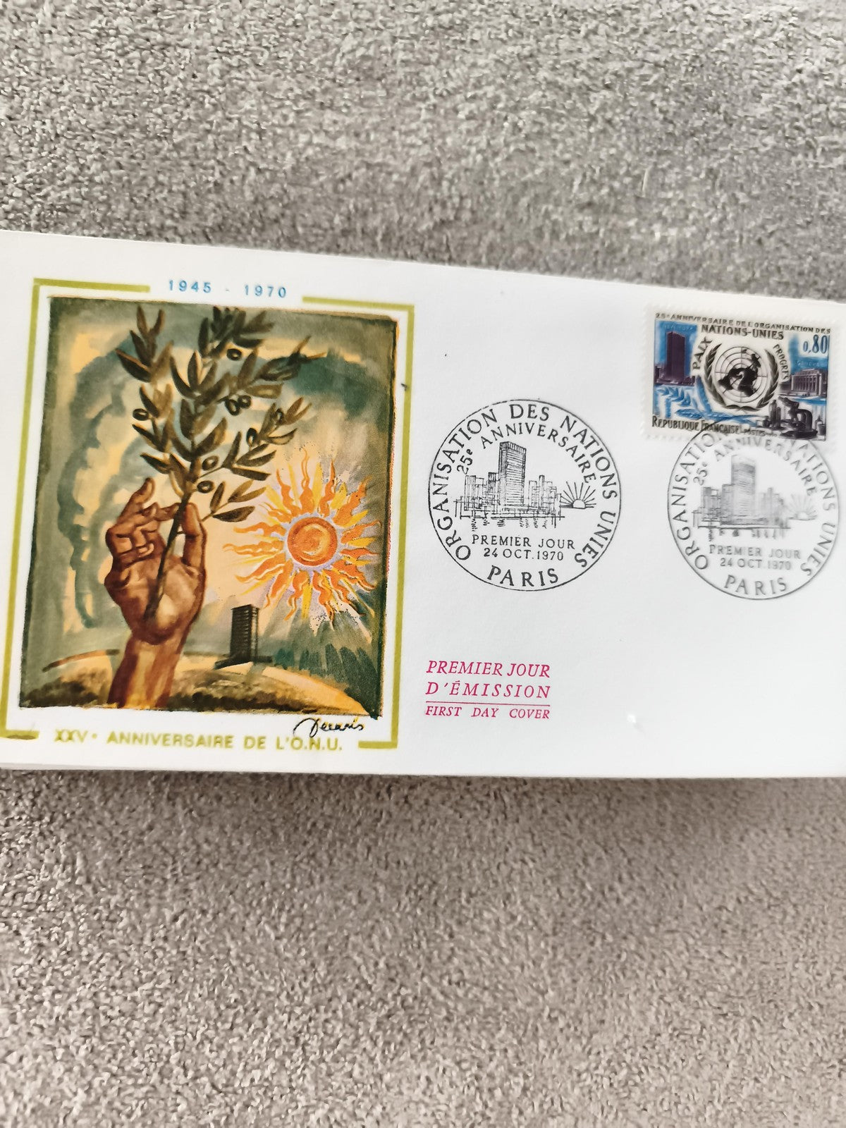 Lettre FDC ONU 1970 25e anniversaire Paris premier jour philatélie ancien