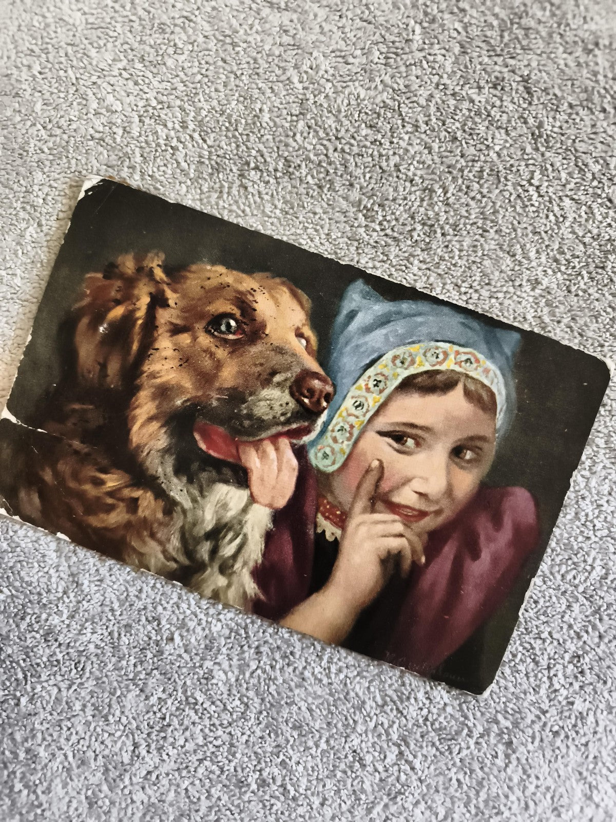 Carte postale illustrée enfant bonnet bleu chien CPA