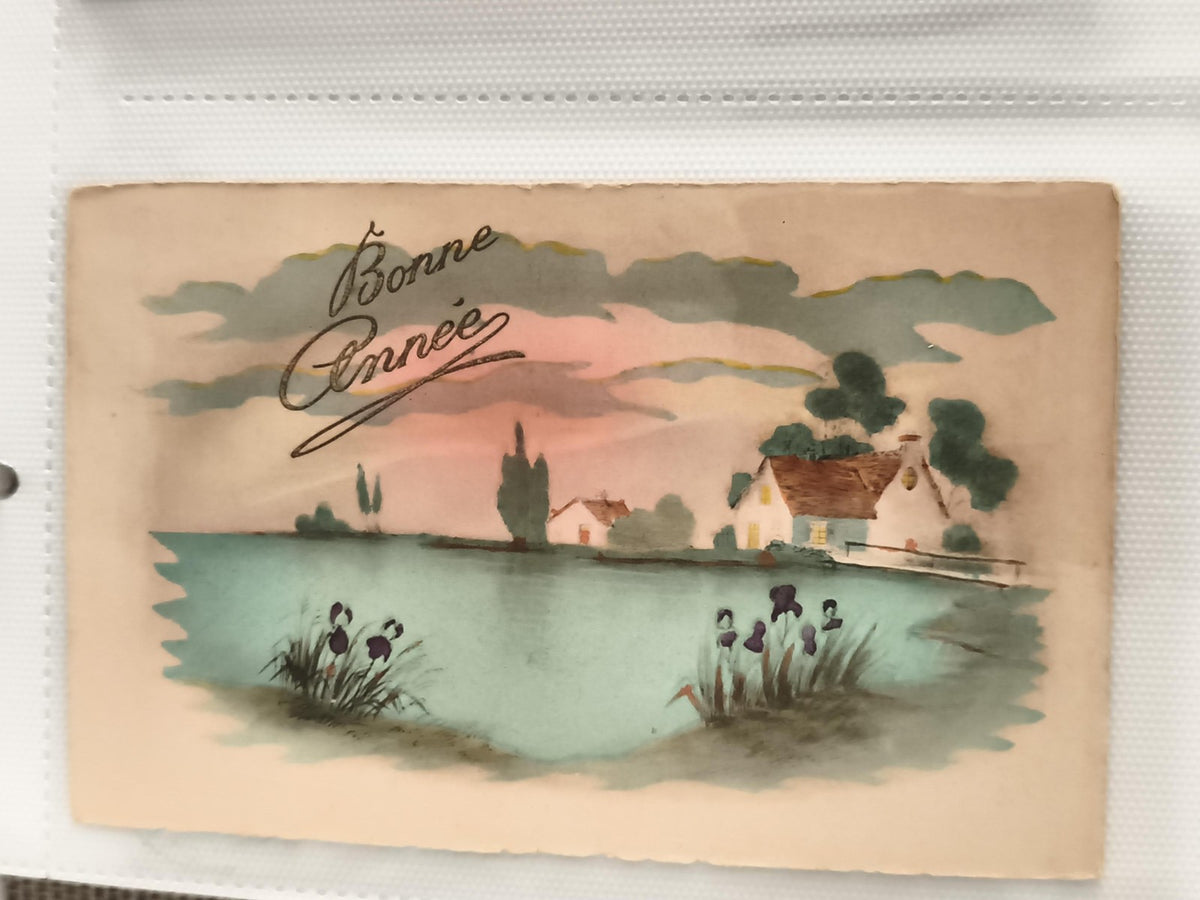 Carte postale ancienne Bonne Année aquarellée paysage maison vintage