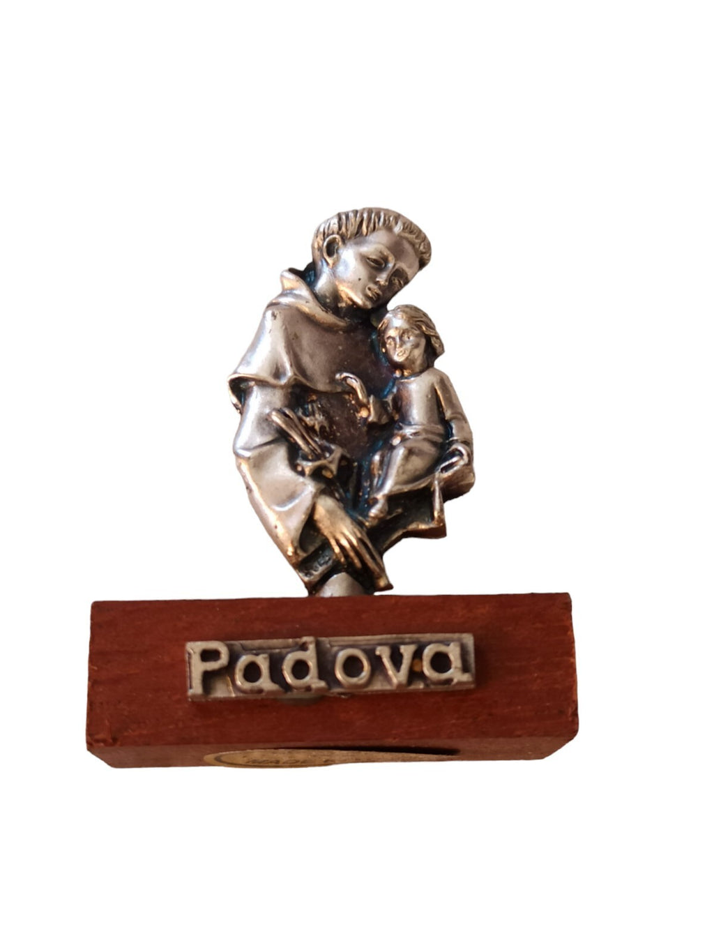 Statuette Saint Antoine Padova métal argenté socle bois vintage Italy 5 cm