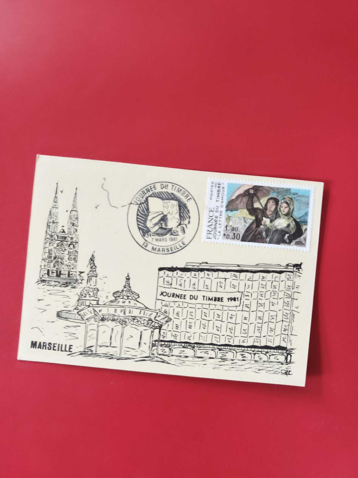 Carte postale philatélie Marseille, illustration monuments, timbre oblitéré