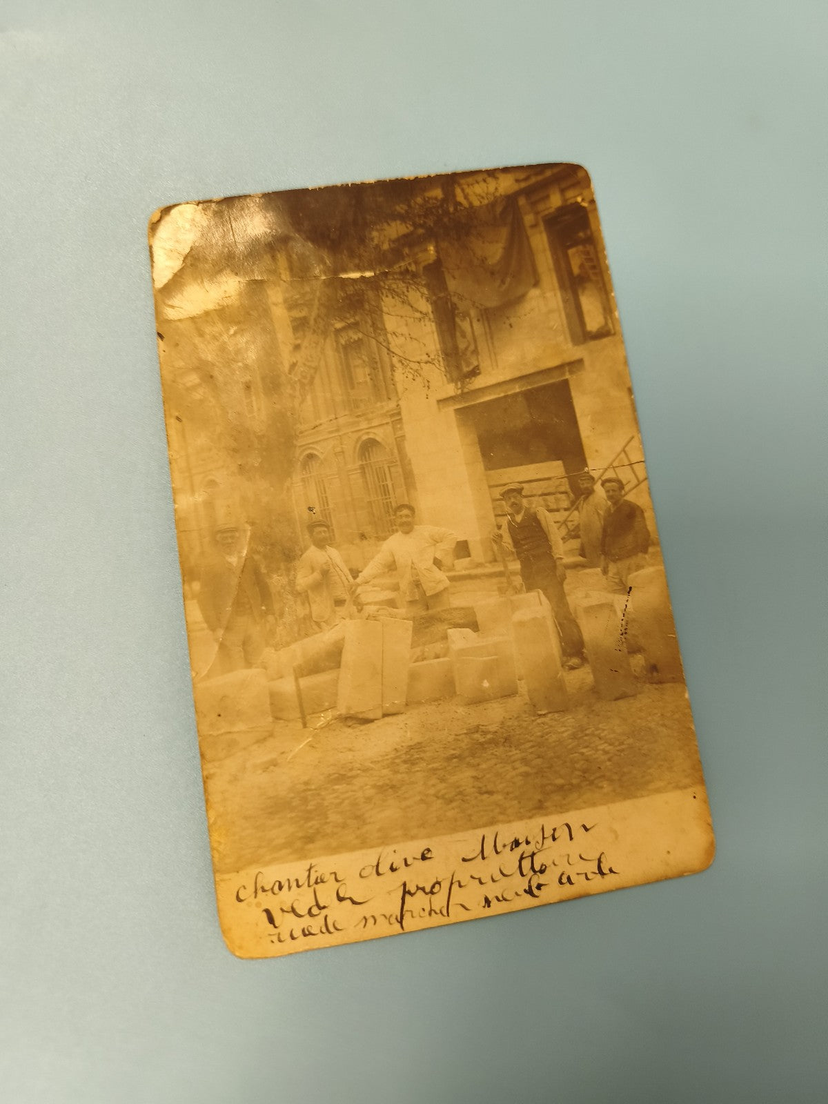 Carte postale ancienne CPA chantier ouvriers bâtiment photo sépia vintage