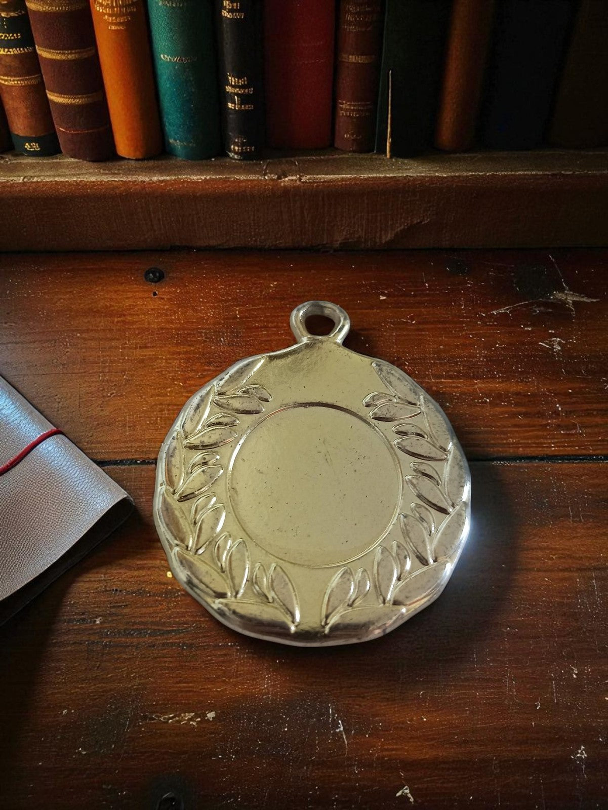Old silver-plated metal medal, decorative laurel vintage - collector's item